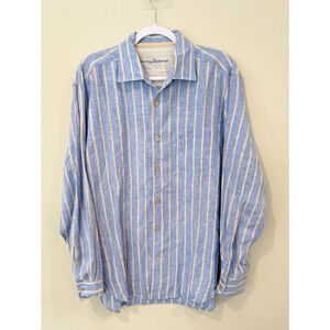 Tommy Bahama Relax 100% Linen Long Sleeve Striped Shirt Blue & White Large 1974
